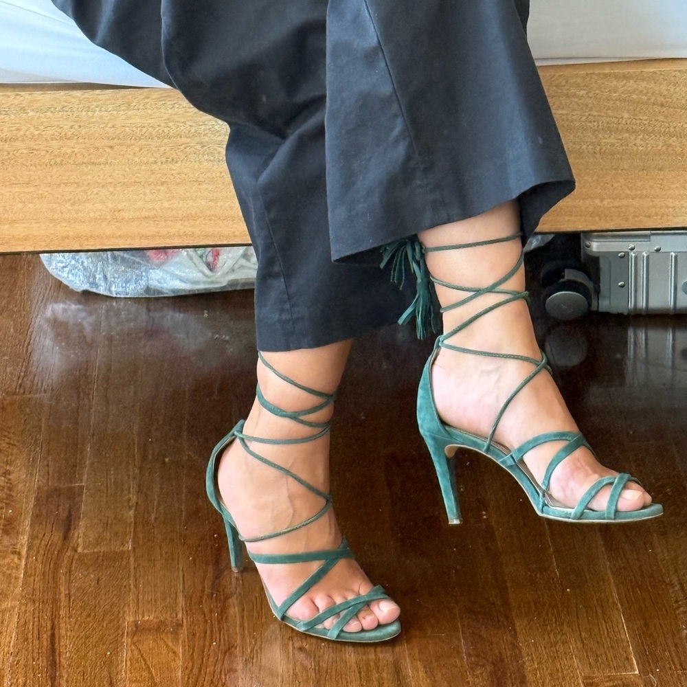 Suede Green Strappy Tie Wrap Heels